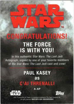 2017 Topps Star Wars: The Last Jedi - Autographs #A-AP Paul Kasey Back