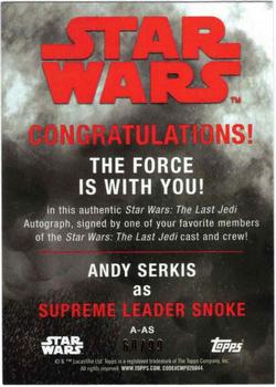 2017 Topps Star Wars: The Last Jedi - Autographs Red #A-AS Andy Serkis Back