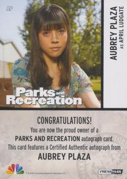 2013 Press Pass Parks and Recreation - Autographs Silver - Blue Ink #AP Aubrey Plaza Back