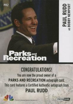 2013 Press Pass Parks and Recreation - Autographs Silver - Red Ink #PR2 Paul Rudd Back