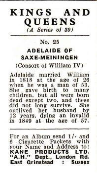 1959 Kane Products Kings and Queens #25 Adelaide of Saxe-Meiningen Back