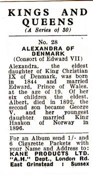 1959 Kane Products Kings and Queens #28 Alexandra of Denmark Back