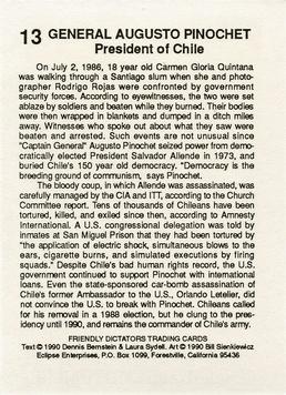 1990 Eclipse Friendly Dictators #13 General Augusto Pinochet Back