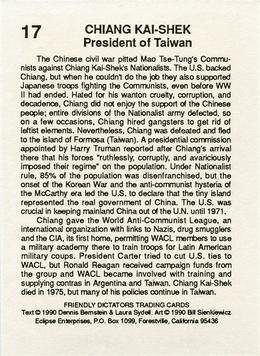 1990 Eclipse Friendly Dictators #17 Chiang Kai-Shek Back