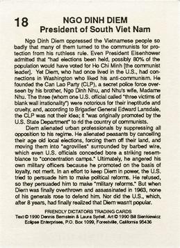 1990 Eclipse Friendly Dictators #18 Ngo Dinh Diem Back