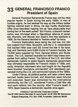 1990 Eclipse Friendly Dictators #33 General Francisco Franco Back