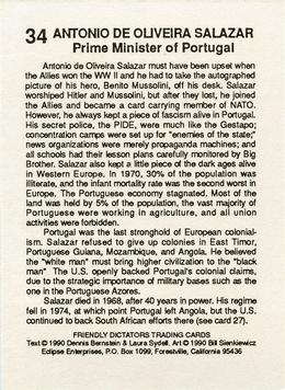 1990 Eclipse Friendly Dictators #34 Antonio De Oliveira Salazar Back