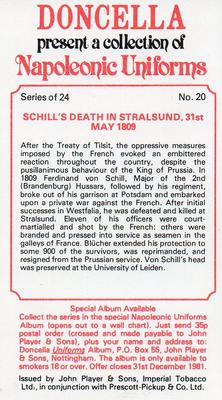 1979 Player's Doncella Napoleonic Uniforms #20 Schill's Death in Stralsund, 31st May 1809 Back