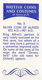 1966 British Coins and Costumes #5 Silver Coil of Alfred - 872 A.D .- 901 A.D. Back