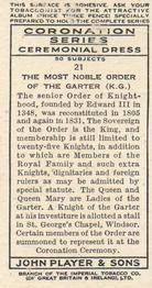 1937 Player's Coronation Series : Ceremonial Dress #21 The Most Noble Order of the Garter (K.G.) Back
