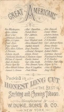 1888 W. Duke, Sons & Co. Great Americans (N112) #NNO Oliver Wendell Holmes / Henry Longfellow / John G. Whittier Back