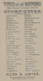1889 Allen & Ginter Types of All Nations (N24) #NNO Sweden Back