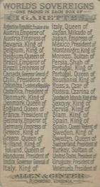 1889 Allen & Ginter World's Sovereigns (N34) #NNO President Of Switzerland Back