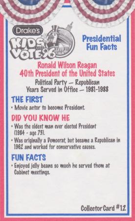1996 Drake's Kids Vote 96 #12 Ronald Reagan Back