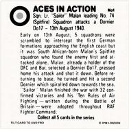 1980 Nabisco Aces in Action #1 Sqn. Lr. “Sailor” Malan leading No. 74 (Spitfire) Squadron attacks a Dornier Do17 Back