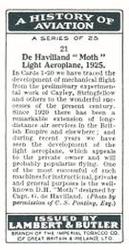 1933 Lambert & Butler A History of Aviation (Brown Fronts) #21 De Havilland “Moth” Light Aeroplane, 1926 Back
