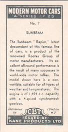 1959 Kane Products Modern Motor Cars #7 Sunbeam Back