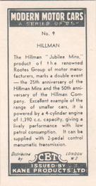 1959 Kane Products Modern Motor Cars #9 Hillman Back