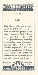 1959 Kane Products Modern Motor Cars #19 Riley Back