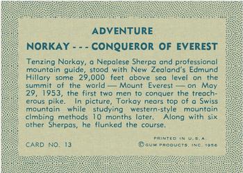 1956 Gum Inc. Adventure (R749) #13 Norkay ... Conqueror of Everest Back