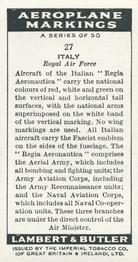 1937 Lambert & Butler's Aeroplane Markings #27 Italy Back
