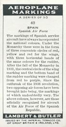 1937 Lambert & Butler's Aeroplane Markings #40 Spain Back