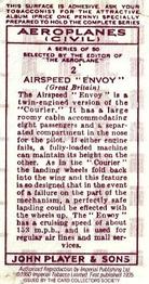 1990 Imperial Tobacco Ltd. 1935 Player's Aeroplanes (Civil) (Reprint) #2 Airspeed “Envoy” (Great Britain) Back