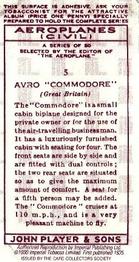 1990 Imperial Tobacco Ltd. 1935 Player's Aeroplanes (Civil) (Reprint) #5 Avro “Commodore” (Great Britain) Back