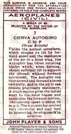 1990 Imperial Tobacco Ltd. 1935 Player's Aeroplanes (Civil) (Reprint) #7 Cierva Autogiro C.30.P (Great Britain) Back