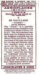 1990 Imperial Tobacco Ltd. 1935 Player's Aeroplanes (Civil) (Reprint) #9 De Havilland “Comet” (Great Britain) Back
