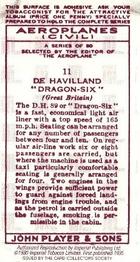 1990 Imperial Tobacco Ltd. 1935 Player's Aeroplanes (Civil) (Reprint) #11 De Havilland “Dragon-Six” (Great Britain) Back