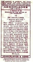 1990 Imperial Tobacco Ltd. 1935 Player's Aeroplanes (Civil) (Reprint) #12 De Havilland “Moth-Major” (Great Britain) Back