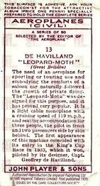 1990 Imperial Tobacco Ltd. 1935 Player's Aeroplanes (Civil) (Reprint) #13 De Havilland “Leopard Moth” (Great Britain) Back