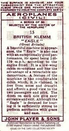 1990 Imperial Tobacco Ltd. 1935 Player's Aeroplanes (Civil) (Reprint) #15 British Klemm “Eagle” (Great Britain) Back
