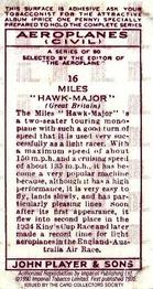 1990 Imperial Tobacco Ltd. 1935 Player's Aeroplanes (Civil) (Reprint) #16 Miles “Hawk Major” (Great Britain) Back