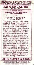 1990 Imperial Tobacco Ltd. 1935 Player's Aeroplanes (Civil) (Reprint) #19 Saro “Cloud” (Great Britain) Back