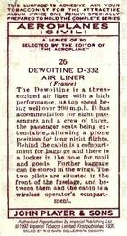 1990 Imperial Tobacco Ltd. 1935 Player's Aeroplanes (Civil) (Reprint) #26 Dewoitine D-332 Air Liner (France) Back