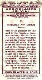 1990 Imperial Tobacco Ltd. 1935 Player's Aeroplanes (Civil) (Reprint) #28 Wibault Air Liner (France) Back