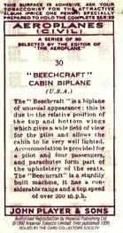 1990 Imperial Tobacco Ltd. 1935 Player's Aeroplanes (Civil) (Reprint) #30 “Beechcraft” Cabin Biplane (USA) Back