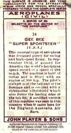 1990 Imperial Tobacco Ltd. 1935 Player's Aeroplanes (Civil) (Reprint) #34 Gee Bee “Super Sportster” (USA) Back