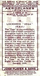 1990 Imperial Tobacco Ltd. 1935 Player's Aeroplanes (Civil) (Reprint) #36 Lockheed “Vega” (USA) Back