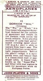 1990 Imperial Tobacco Ltd. 1935 Player's Aeroplanes (Civil) (Reprint) #41 Dornier “Wal” (Germany) Back