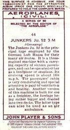 1990 Imperial Tobacco Ltd. 1935 Player's Aeroplanes (Civil) (Reprint) #44 Junkers Ju 52/3m (Germany) Back