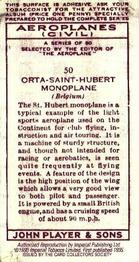 1990 Imperial Tobacco Ltd. 1935 Player's Aeroplanes (Civil) (Reprint) #50 Orta-Saint-Hubert Monoplane (Belgium) Back