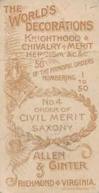 1890 Allen & Ginter The World's Decorations (N30) #4 Order of Civil Merit Saxony Back