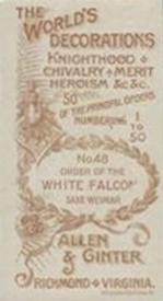 1890 Allen & Ginter The World's Decorations (N30) #48 Order of the White Falcon Saxe Weimar Back