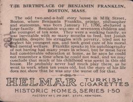1911 Helmar Historic Homes (T69) #NNO Birthplace of Benj. Franklin Back