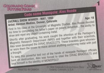 1994 Dart Flipcards Colorado Comic Future Stars Series 1 #1 Code Name Monopole / Alex Roode Back