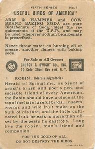 1933 Church & Dwight Useful Birds of America Fifth Series (J9-1) #1 Robin Back