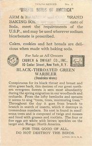 1938 Church & Dwight Useful Birds of America Tenth Series (J9-6) #2 Black-throated Green Warbler Back